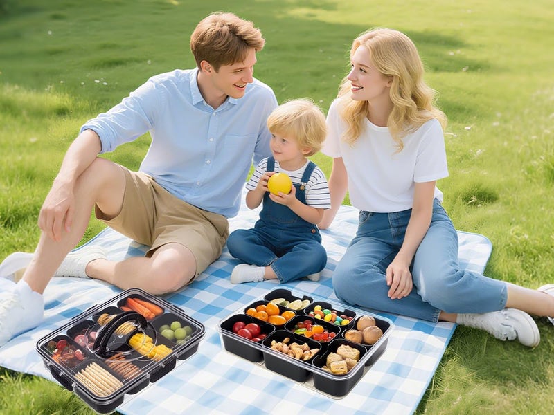 Dingerjar Divided Serving Tray with Lid and Handle - Snackle Box Charcuterie Container for Portable Snack Platters Organizer for Candy, Fruits, Nuts, Snacks - Perfect for Party, Entertaining, Black - Image 4